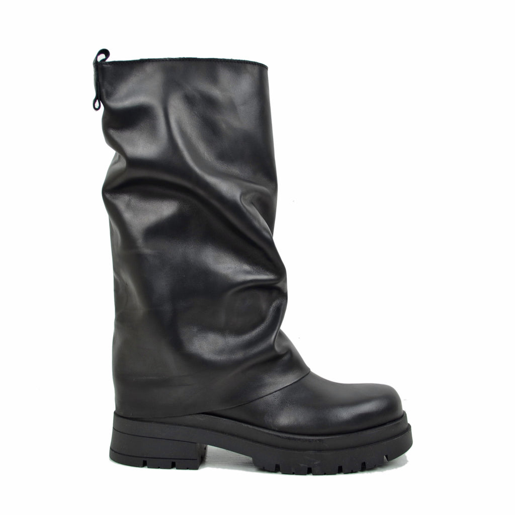 Biker Boots con Ghetta in Pelle Fondo Platform Pianta Larga - 2