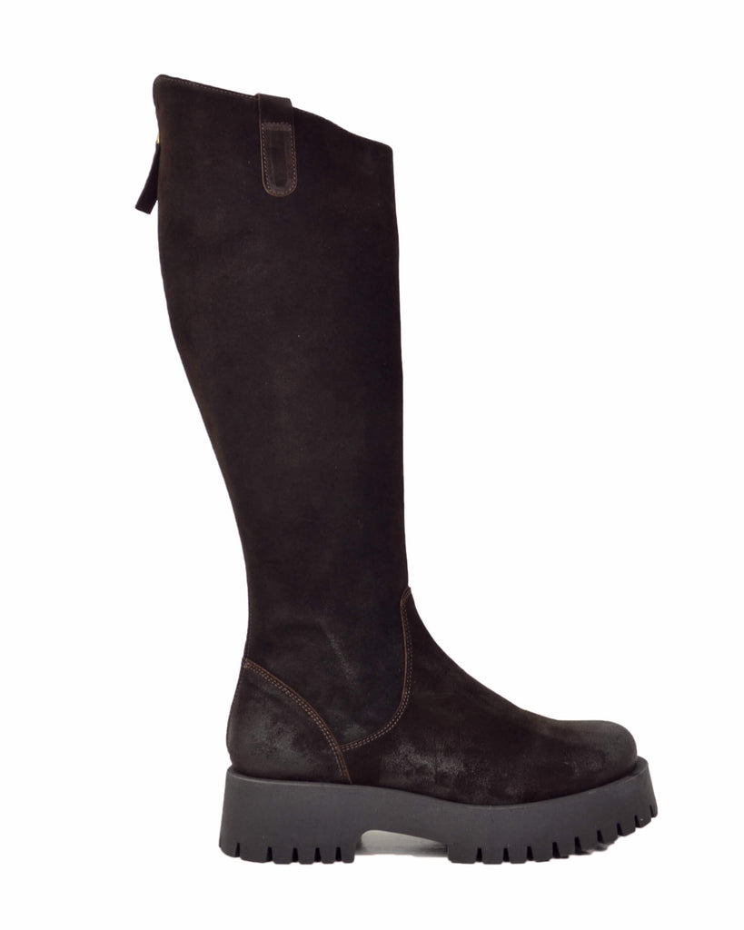 Stivali Biker Fondo Alto Platform Pelle Scamosciate Zip Retro Marroni Gambale Largo - 6