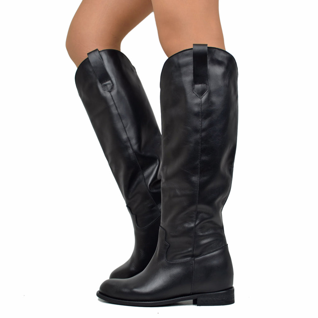 Women's Black Leather Boots with Internal Wedge Made in Italy