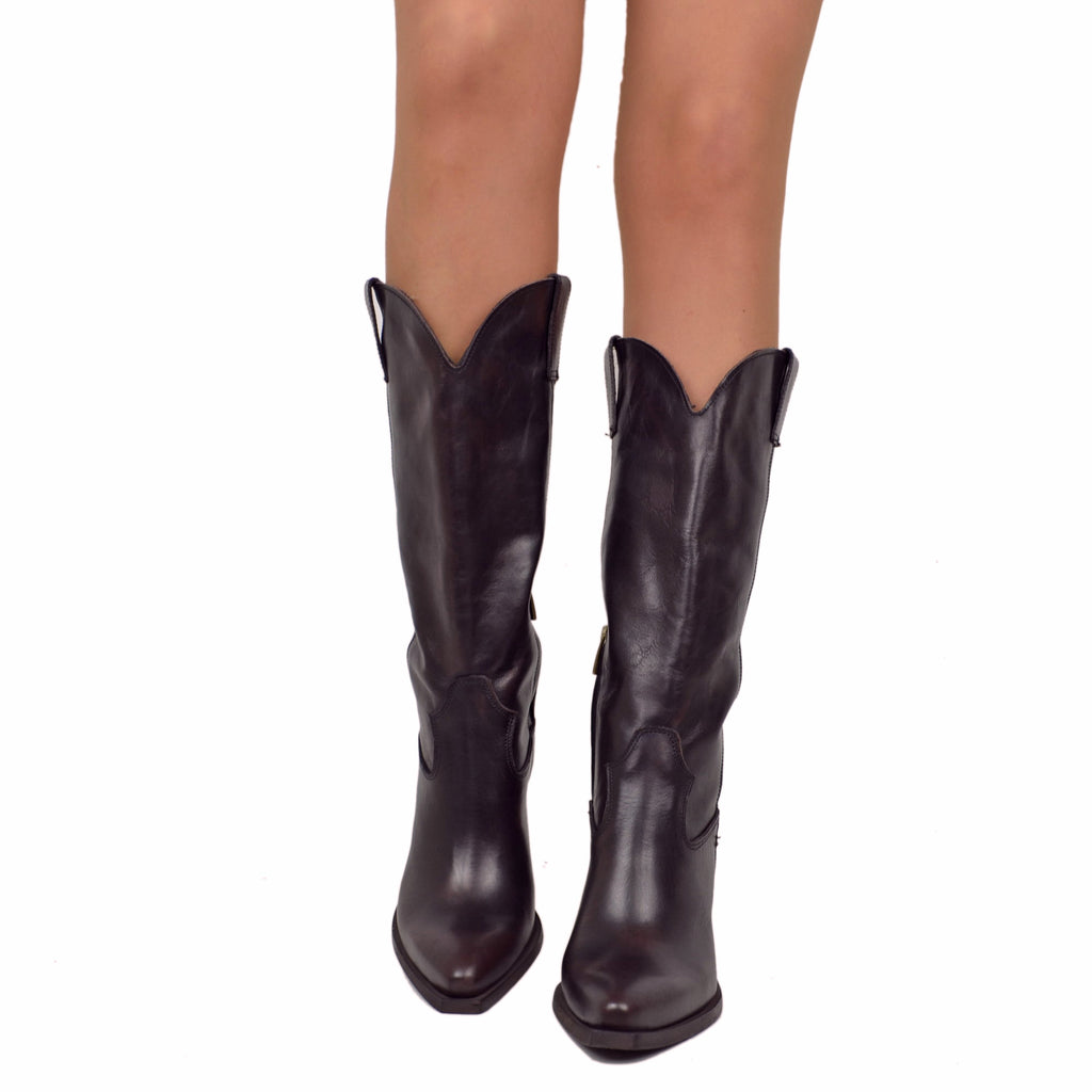 Stivali Alti Texani Lisci Eleganti in Vera Pelle Testa di Moro Tacco 9 cm - 4