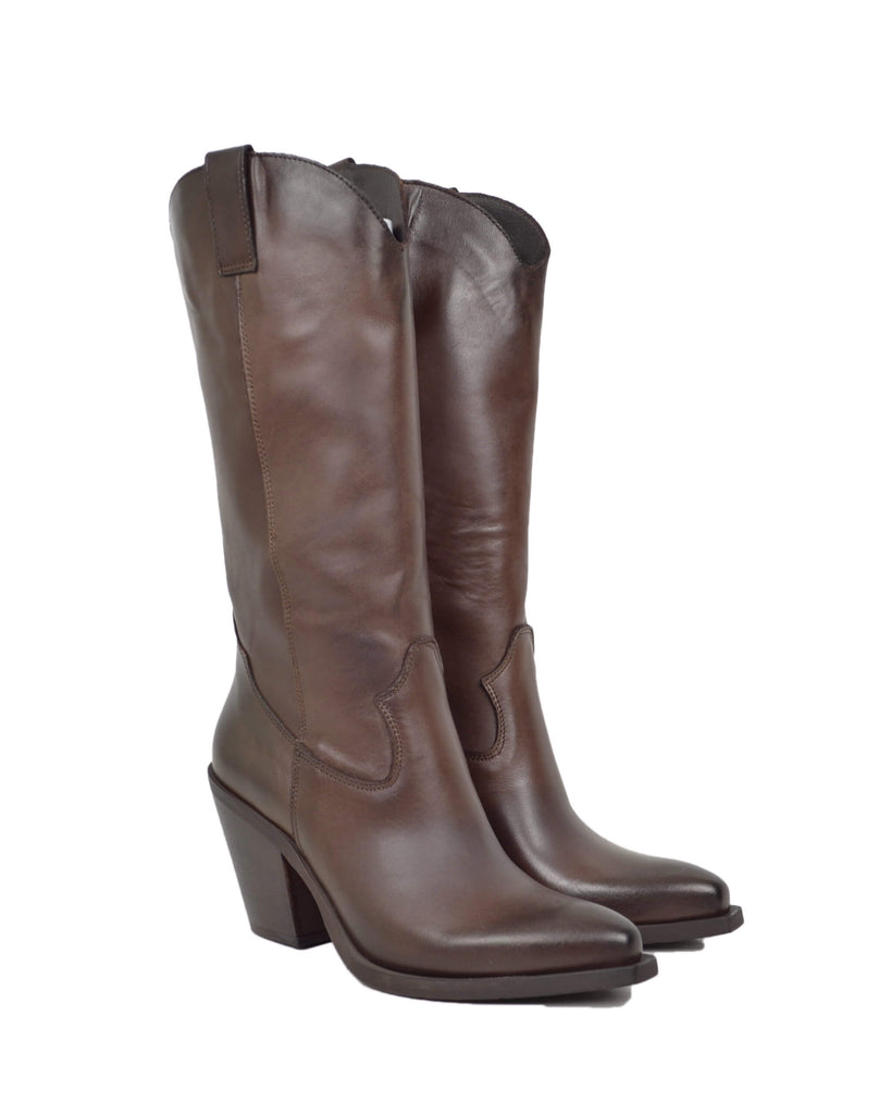 Stivali Alti Texani Trapuntati Eleganti in Vera Pelle Testa di Moro Tacco 9 cm - 2
