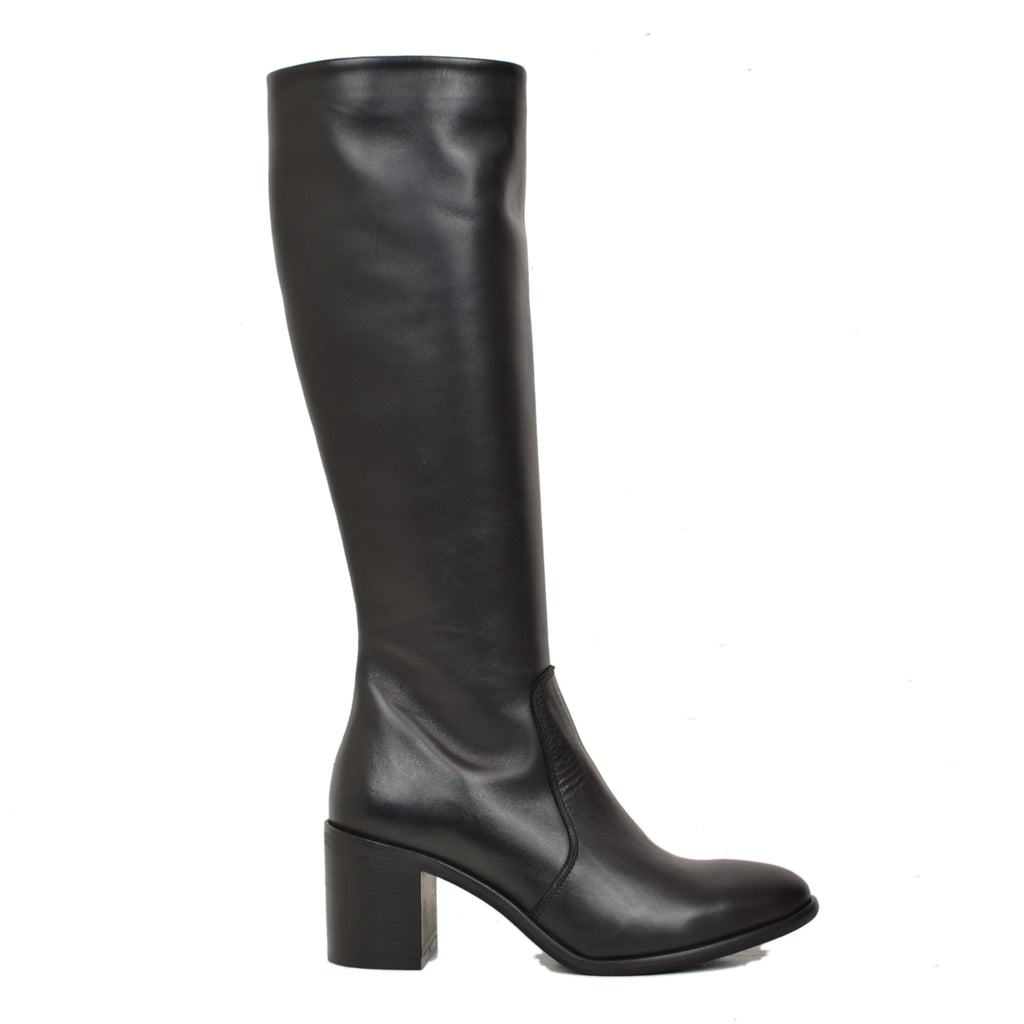 Classic Elegant Riding Boots Smooth Black 7cm Heel Wide Heel - 2
