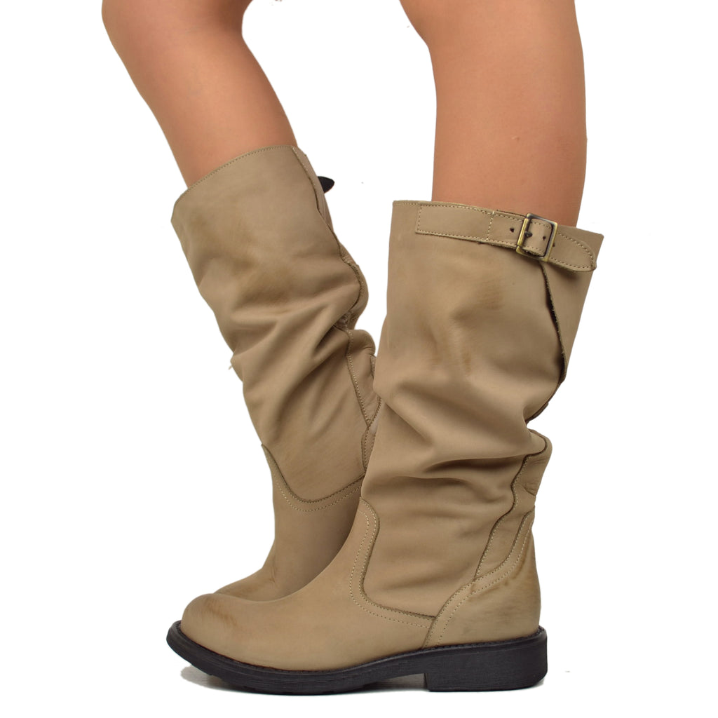 Vintage Taupe Leather Mid Calf Biker Boots