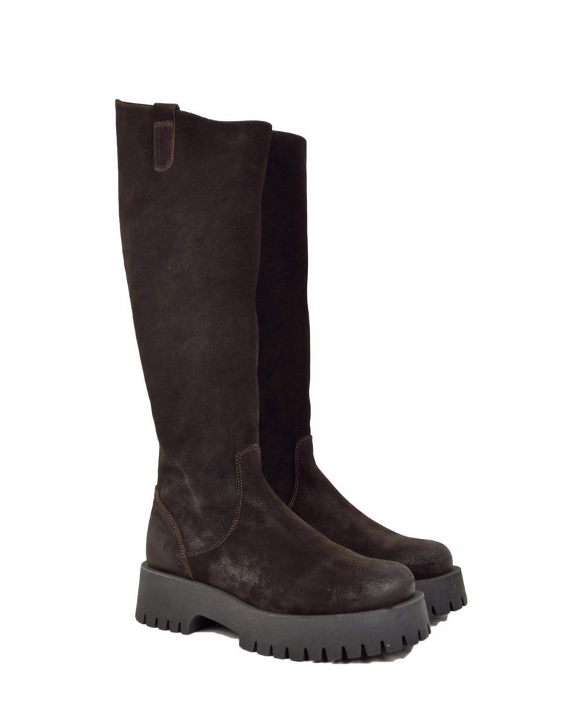 Stivali Biker Fondo Alto Platform Pelle Scamosciate Zip Retro Marroni Gambale Largo - 2