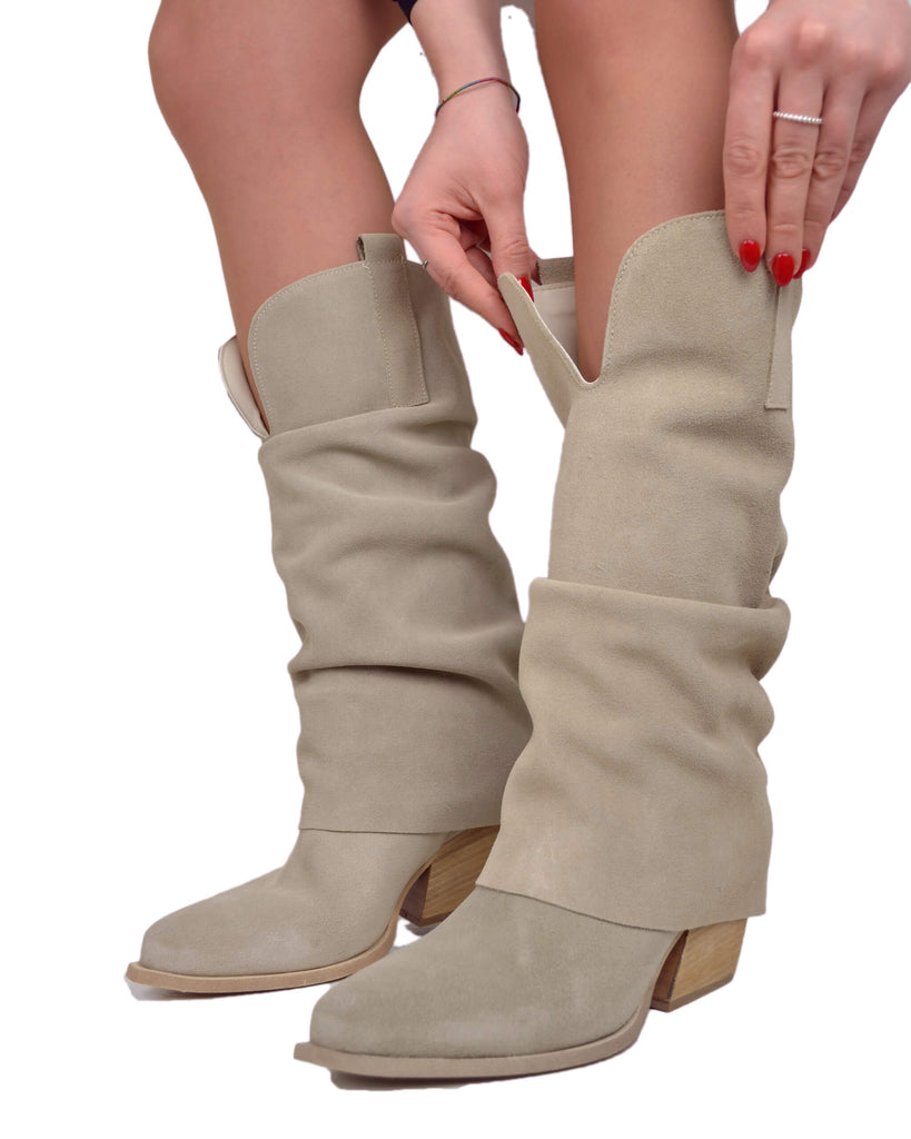 Wide Calf Suede Cowboy Boots with Soft Shaft – 7 cm Heel – Beige - 4