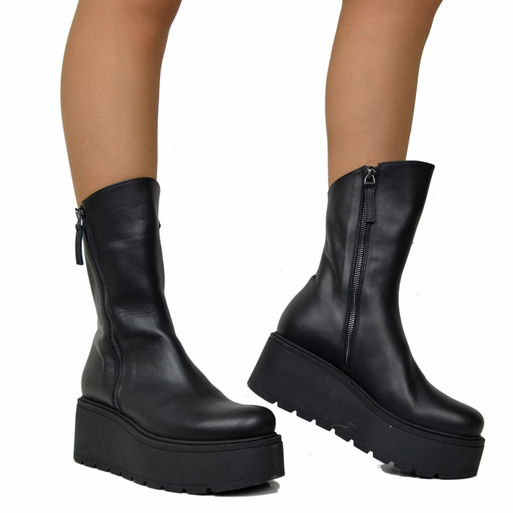 7 cm hohe Plateau-Stiefeletten mit seitlichem Reißverschluss, echtes Leder, hergestellt in Italien, handgefertigt, Schwarz - 4