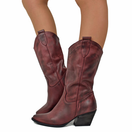 Women's Bordeaux Leather Texan Boots Made in Italy