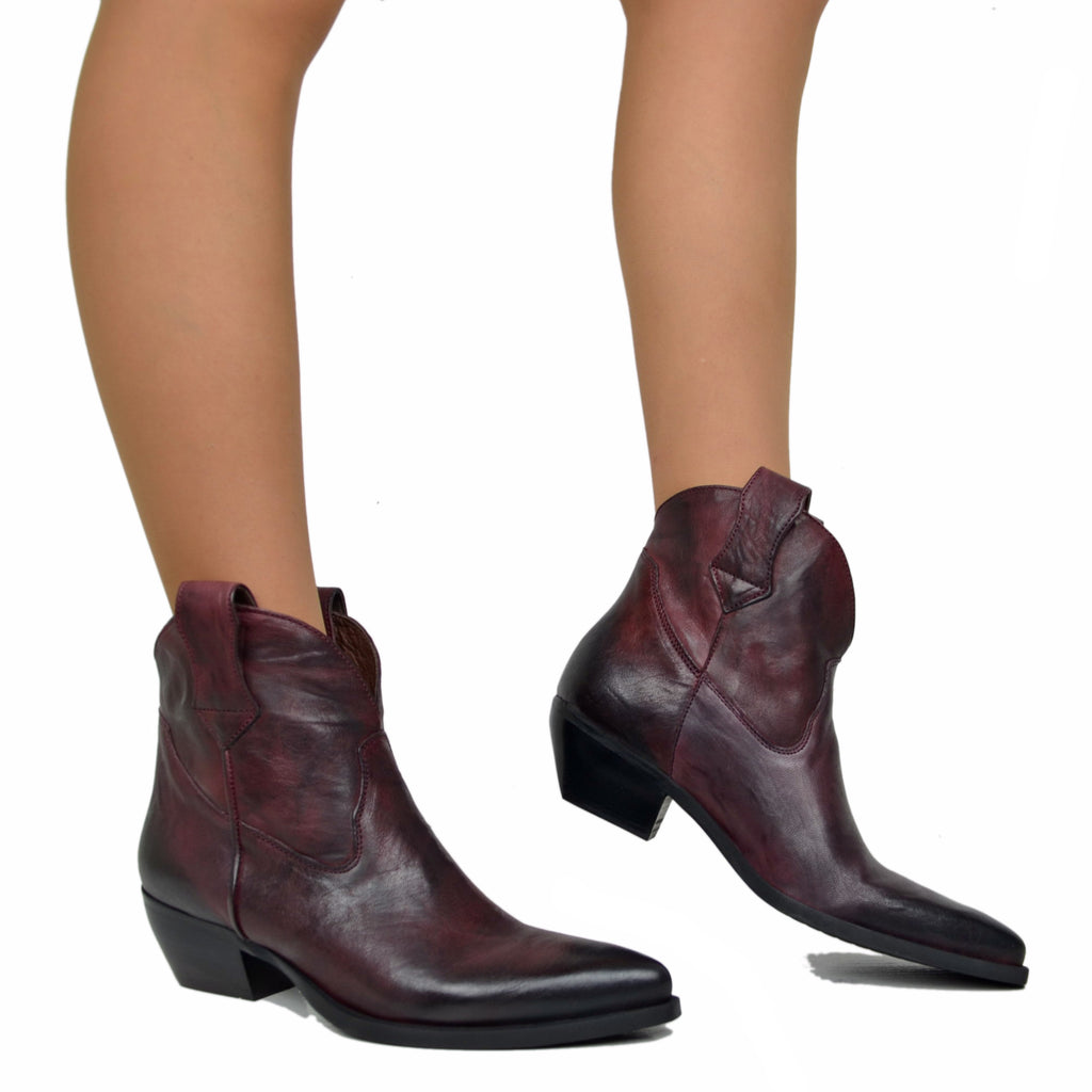 Texanische Stiefeletten aus bordeauxrotem Leder mit Knittereffekt, 5 cm Absatz, hergestellt in Italien - 4