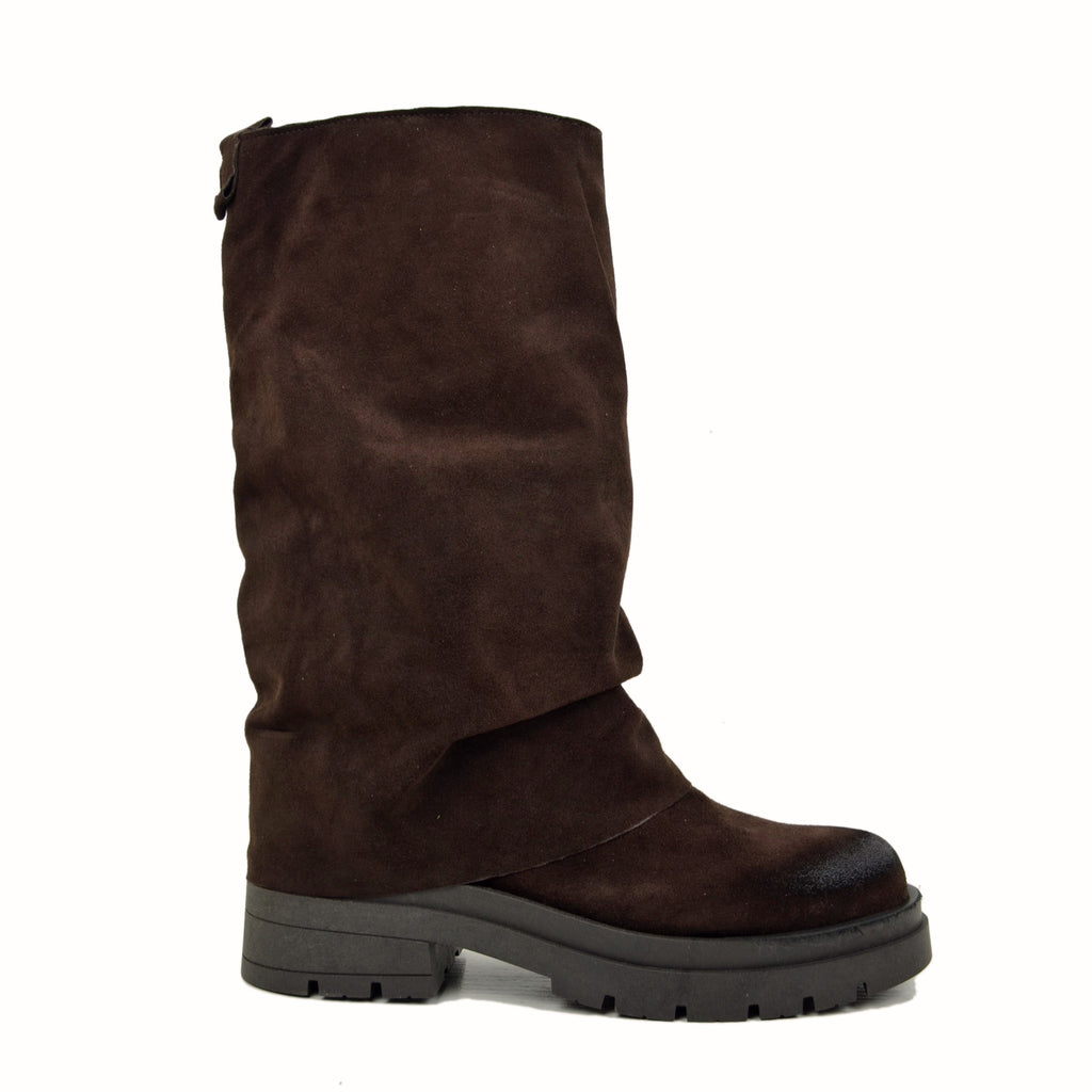 Brown Biker Boots with Suede Gaiter Platform Bottom Wide Fit - 2