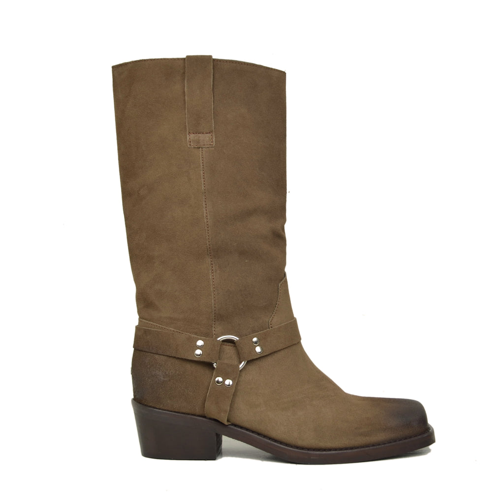 Women's Texan Boots in Taupe Suede Leather with Square Toe - 2
