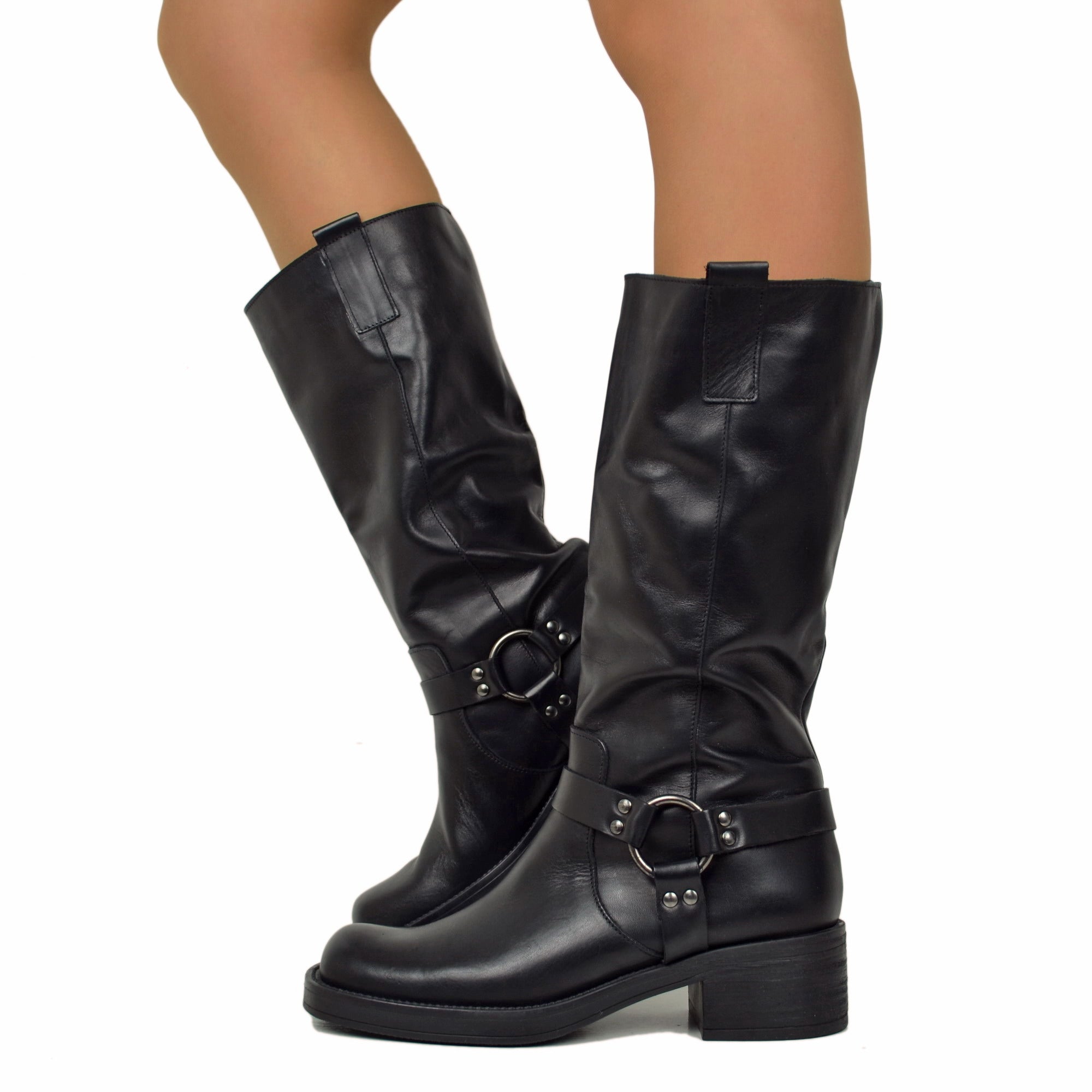 Women's Biker Boots in Black Leather Square Toe with Buckle