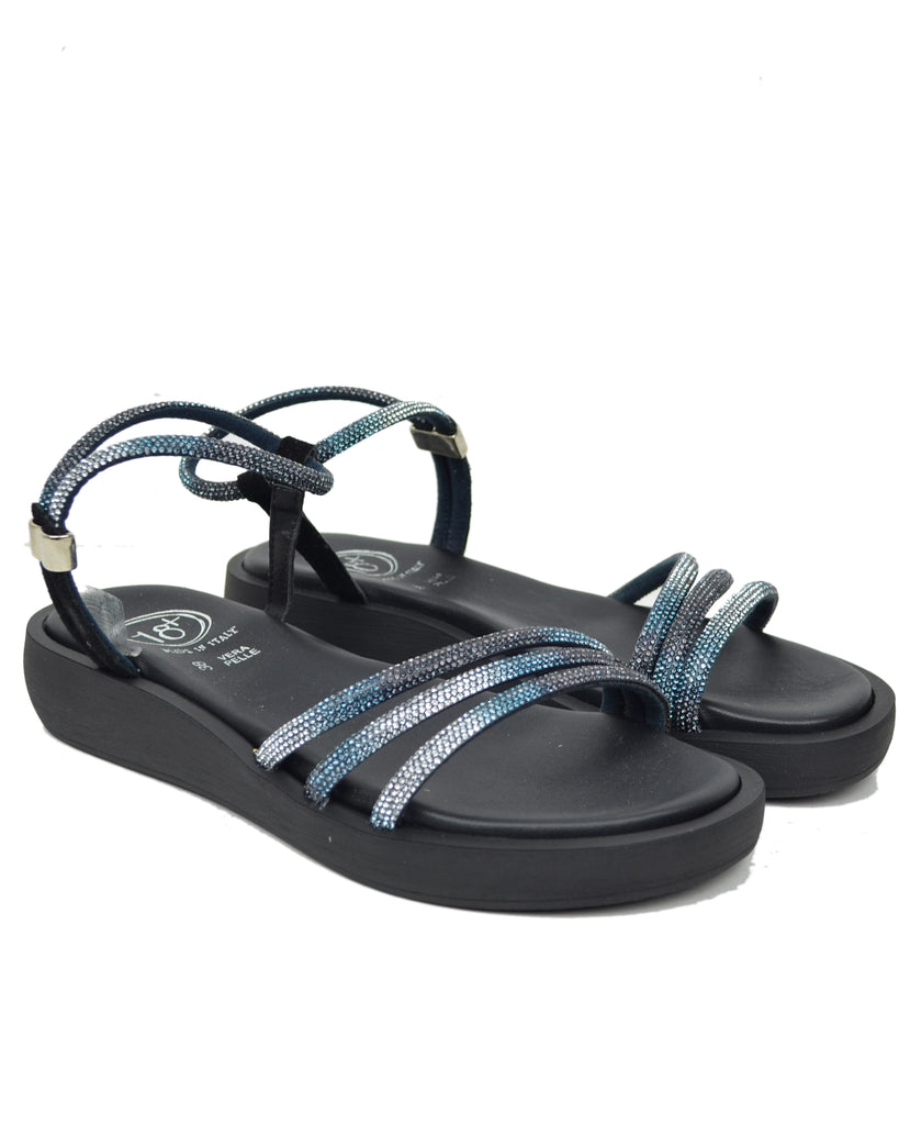 Sandali Donna Platform Neri in VERA PELLE con Strass Multicolor Made in Italy - 2