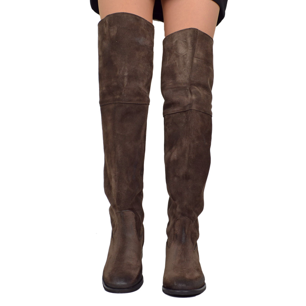 Hohe Stiefel bis zum Knie mit Innenkeil, braunes Wildleder, Made in Italy - 5