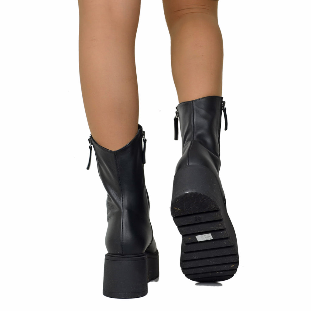 7 cm hohe Plateau-Stiefeletten mit seitlichem Reißverschluss, echtes Leder, hergestellt in Italien, handgefertigt, Schwarz - 5