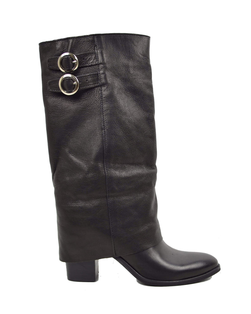 High Heel Boots with Cuff – 8 cm, Round Toe, Black Suede - 2
