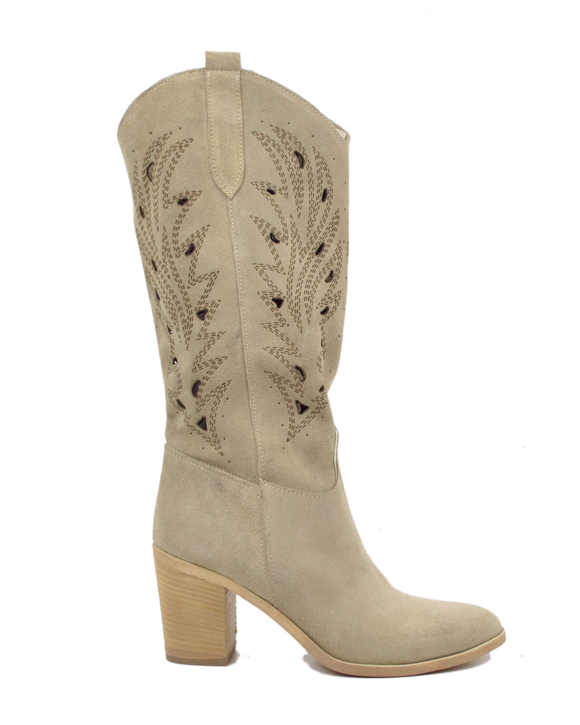 Wide Shaft Perforated Suede Boots – Floral Laser Cut, Beige - 2
