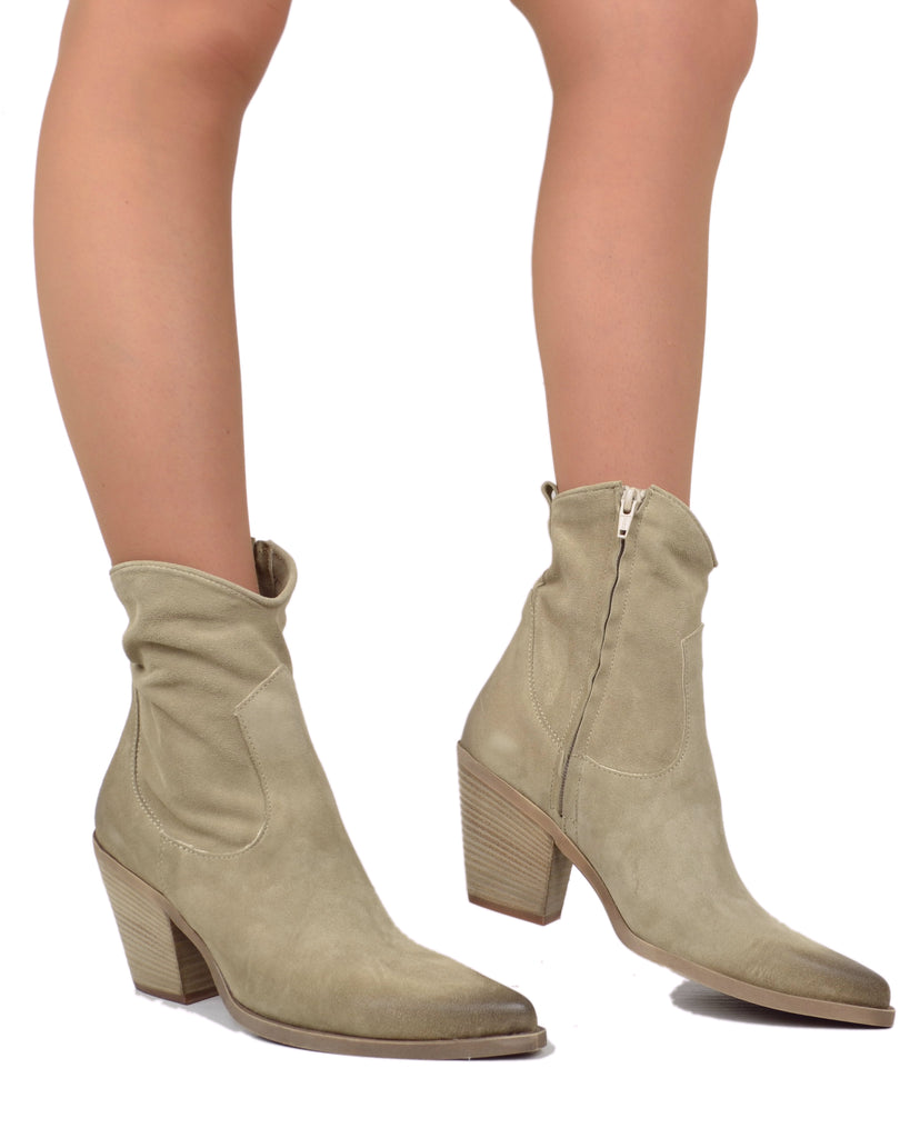 Stivaletti Estivi alla Caviglia Tacco 9 cm Leggeri Pelle Scamosciata Beige - 4
