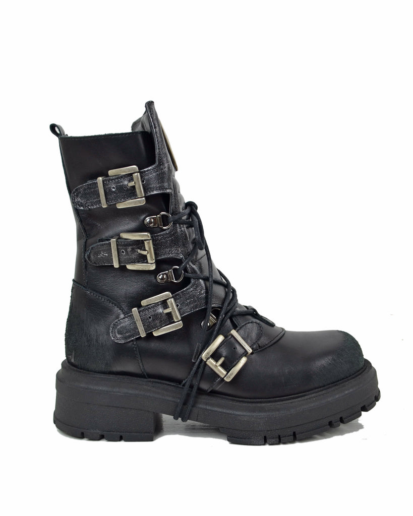 Rock Grunge Platform Boots with 4 Buckles in Genuine Black Metallic Leather - 4