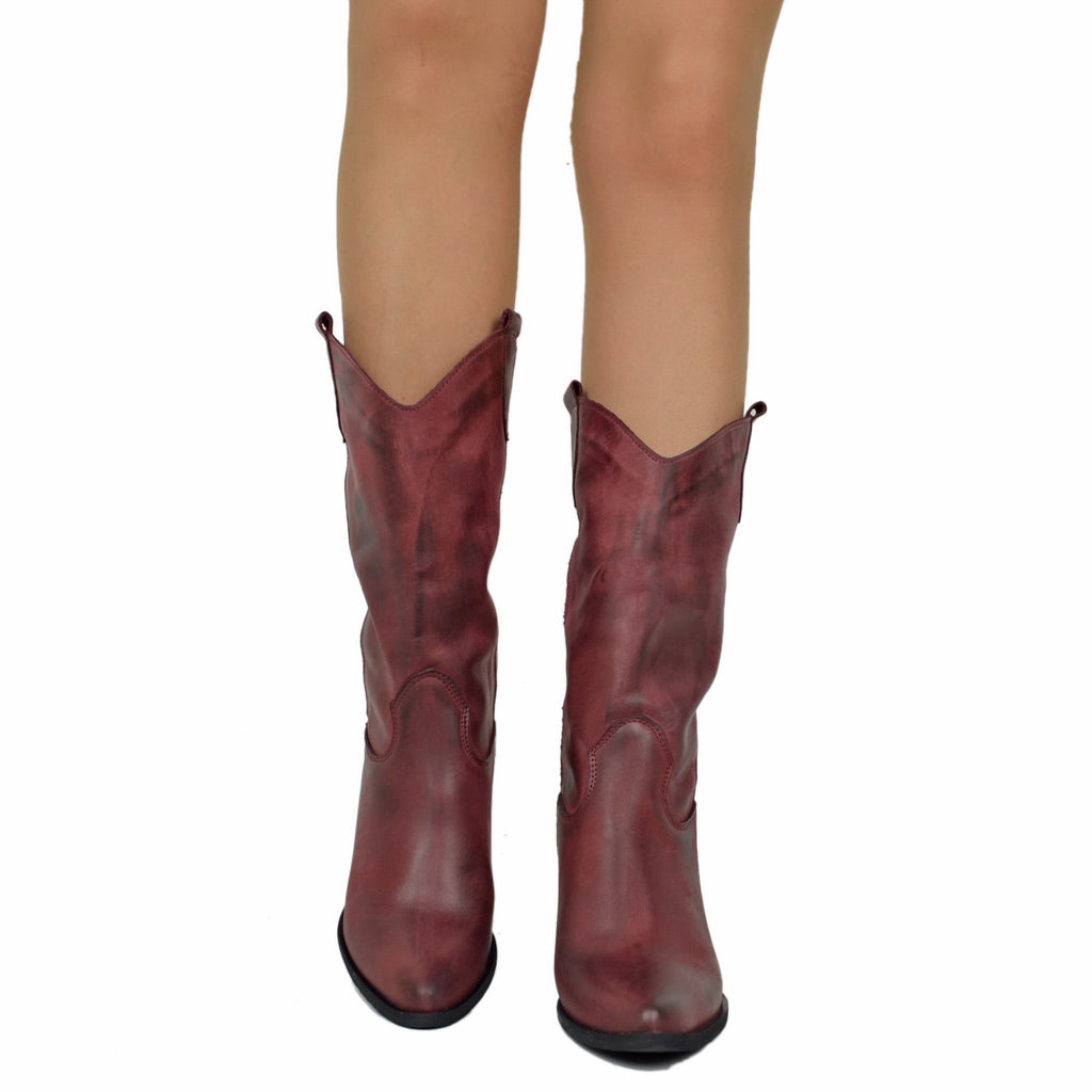 Women's Bordeaux Leather Texan Boots Made in Italy - 4