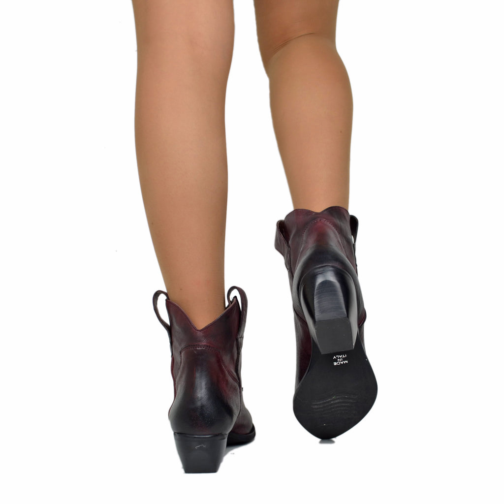 Texanische Stiefeletten aus bordeauxrotem Leder mit Knittereffekt, 5 cm Absatz, hergestellt in Italien - 5