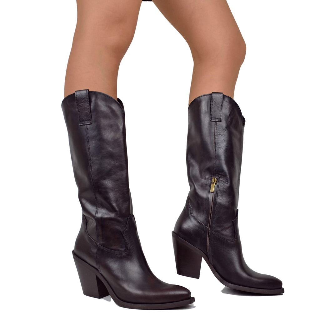 Stivali Alti Texani Lisci Eleganti in Vera Pelle Testa di Moro Tacco 9 cm - 5