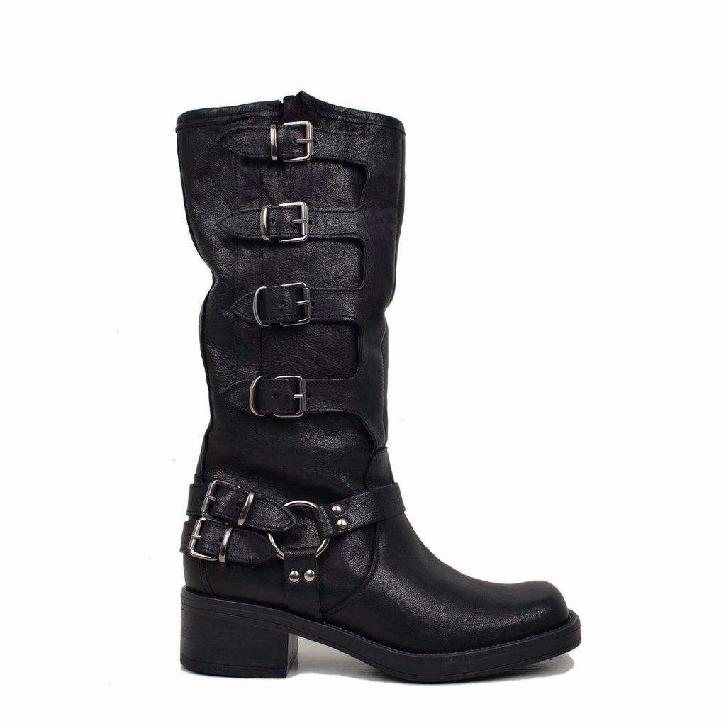 Stivali Biker 5 Fibbie Neri Punta Squadrata Made in Italy - 3