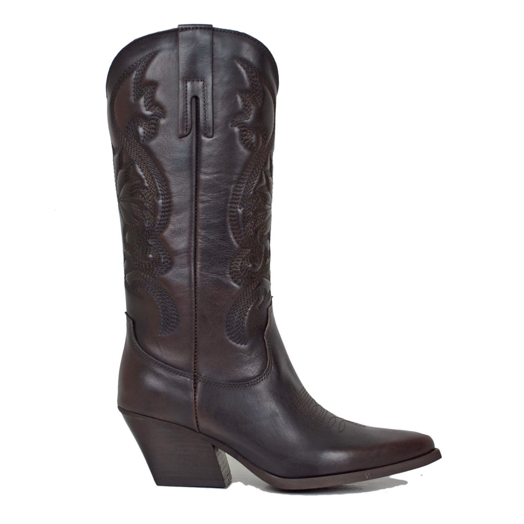Warme texanische Stiefel in Bordeauxrot mit besticktem, abgerundetem Obermaterial aus echtem Leder - 2