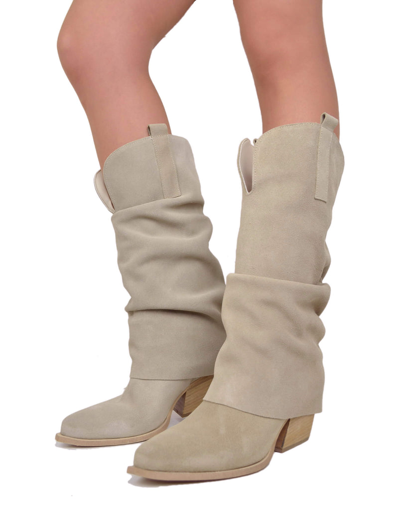 Wide Calf Suede Cowboy Boots with Soft Shaft – 7 cm Heel – Beige - 5