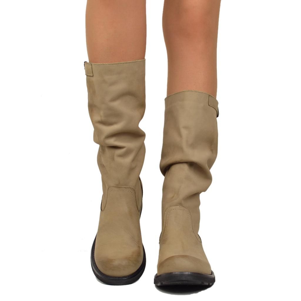 Stivali Biker Boots a Metà Polpaccio in Pelle Vintage Taupe - 3