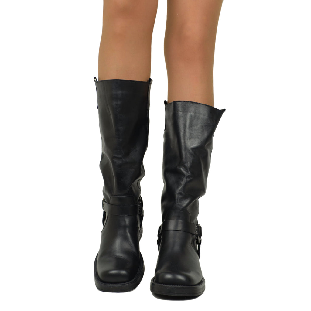 Women's Biker Boots in Black Leather Square Toe with Buckle - 4