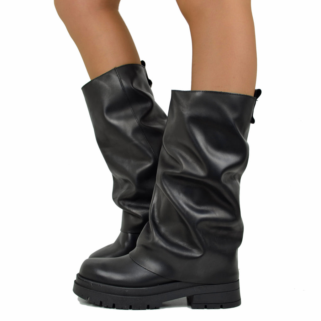 Biker Boots con Ghetta in Pelle Fondo Platform Pianta Larga