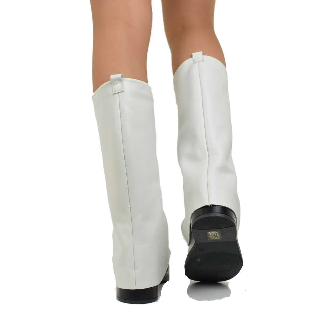Offwhite Leather Women's Biker Boots with Square Toe Gaiter - 5