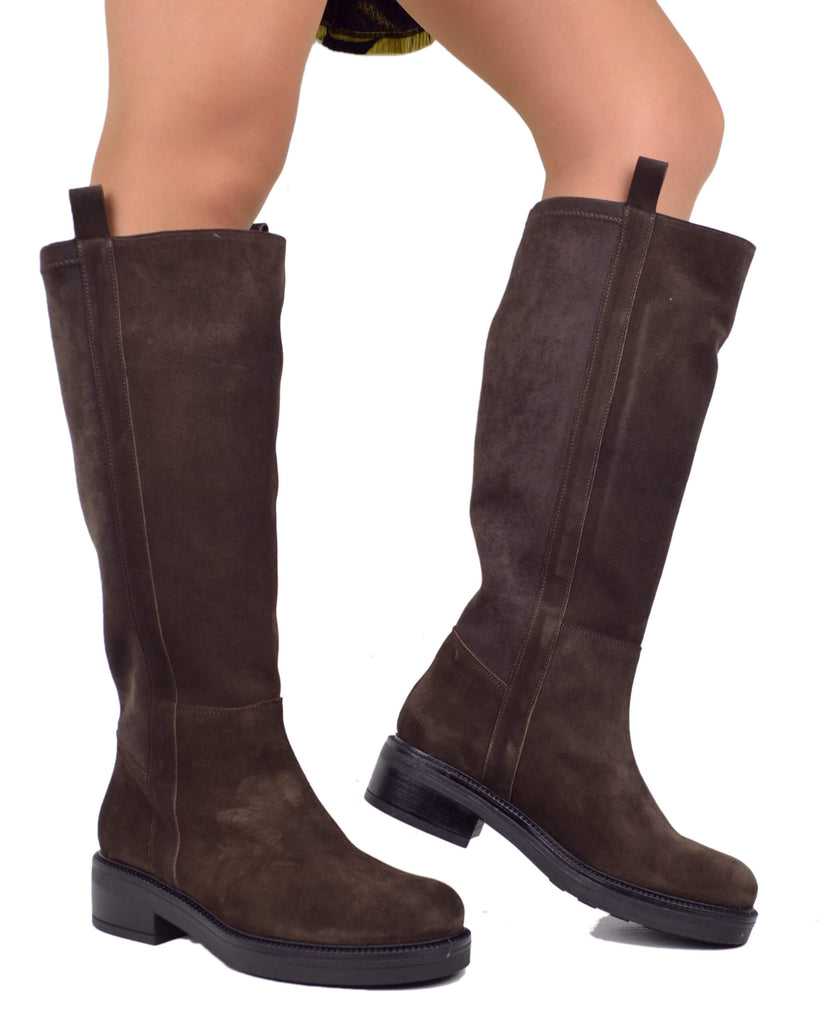 Camperos Bikerstiefel aus braunem Wildleder – XL weiter Stretchschaft - 4