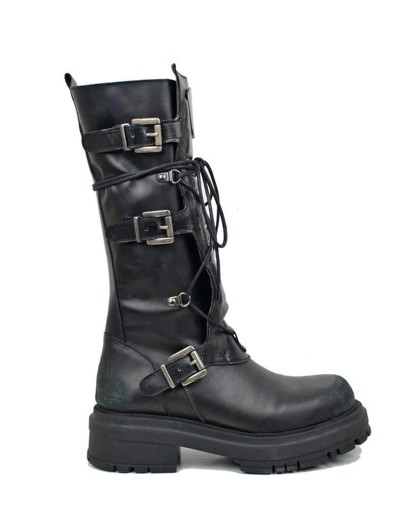 High Combat Boots Rock Platform with 4 Silver Buckles in Metallic Black Leather - 4