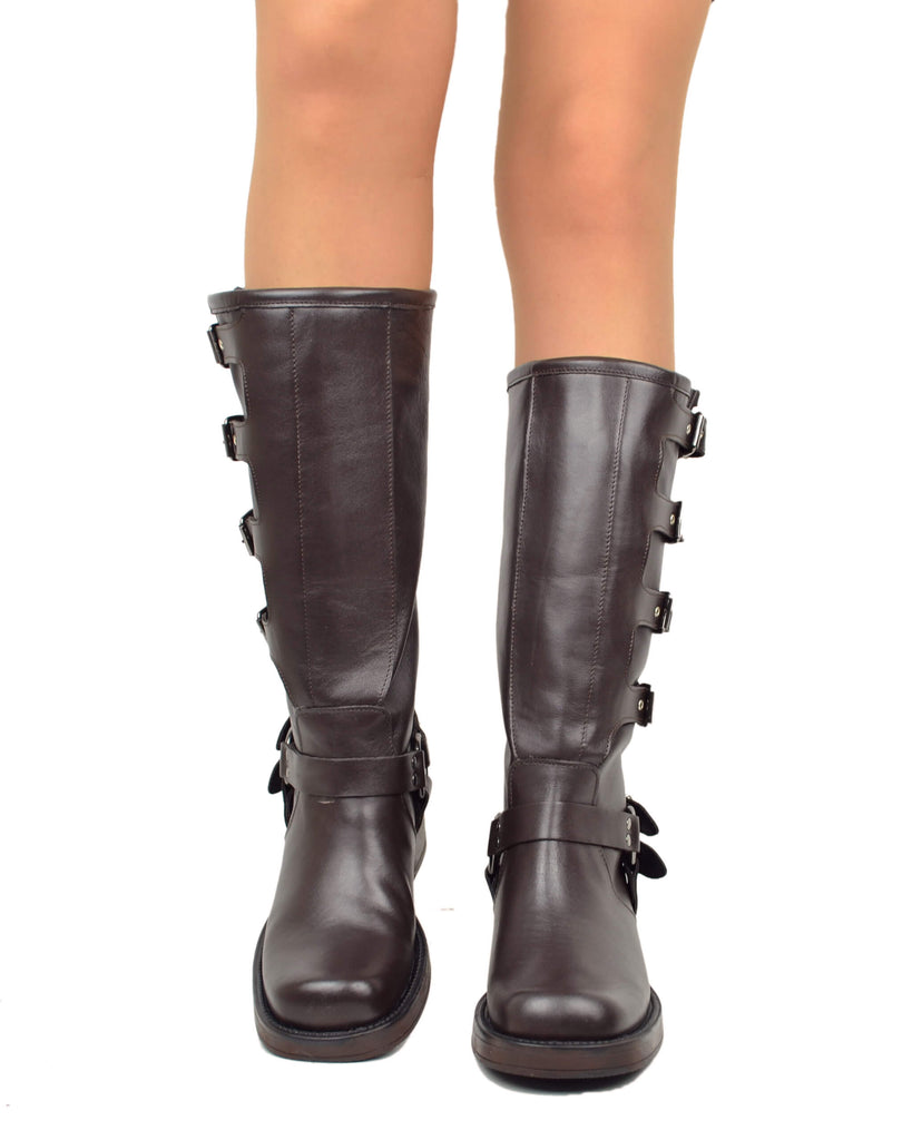Biker-Stiefel Damen aus braunem Leder mit 5 Schnallen und eckiger Spitze – Made in Italy - 7