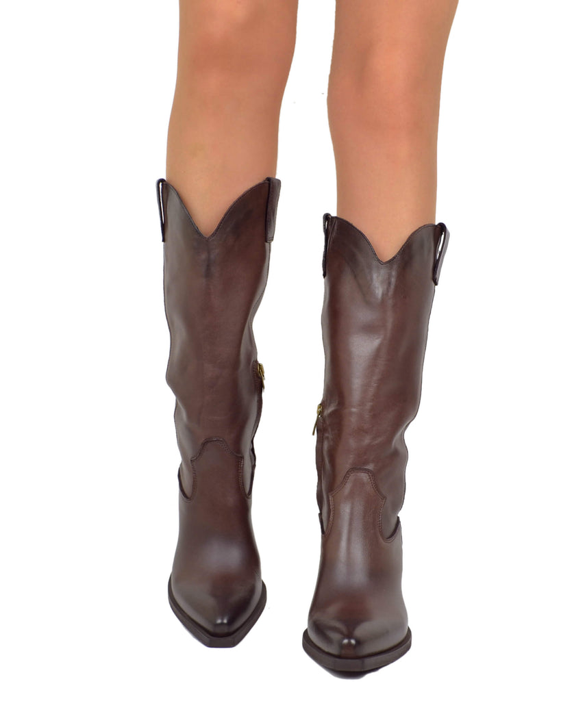 Stivali Alti Texani Trapuntati Eleganti in Vera Pelle Testa di Moro Tacco 9 cm - 5