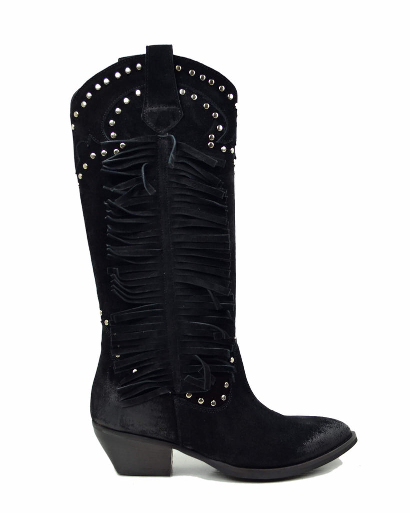 Black Suede Fringed Cowboy Boots – Handmade in Italy - 2