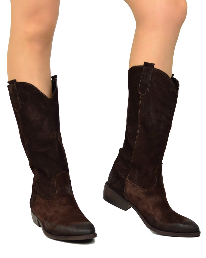 Damen-Westernstiefel aus braunem Wildleder mit niedrigem Absatz - 4