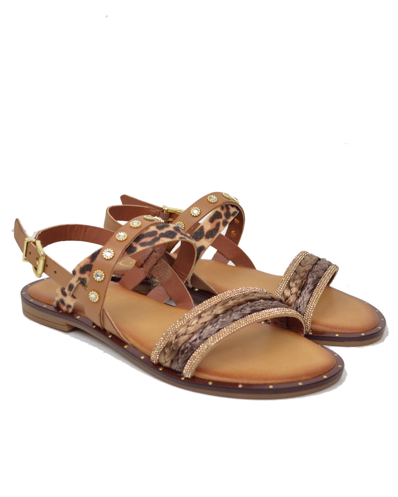 Sandali Leopardati Piatti Vera Pelle Suola Imbottita Strass Cuoio - 2