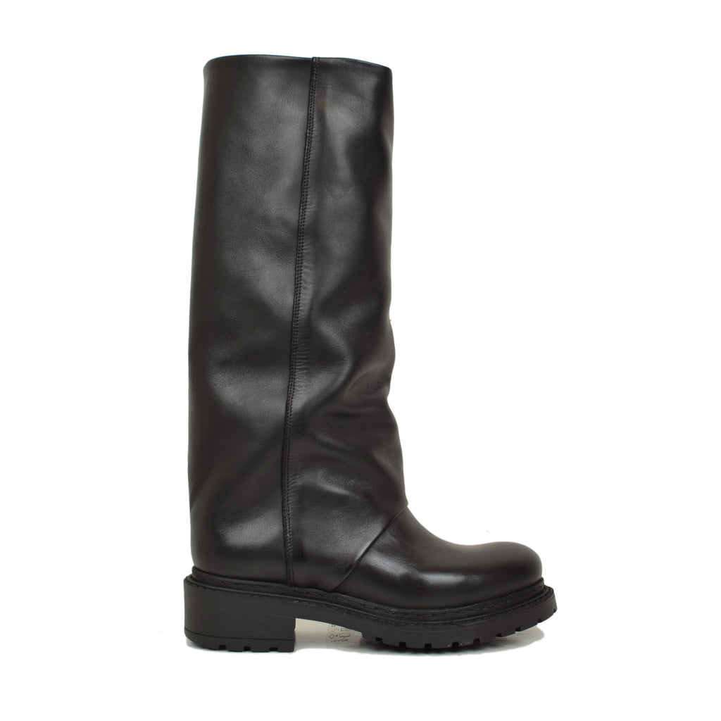 Black High Biker Boots with Genuine Leather Gaiter and Rubber Sole - 2