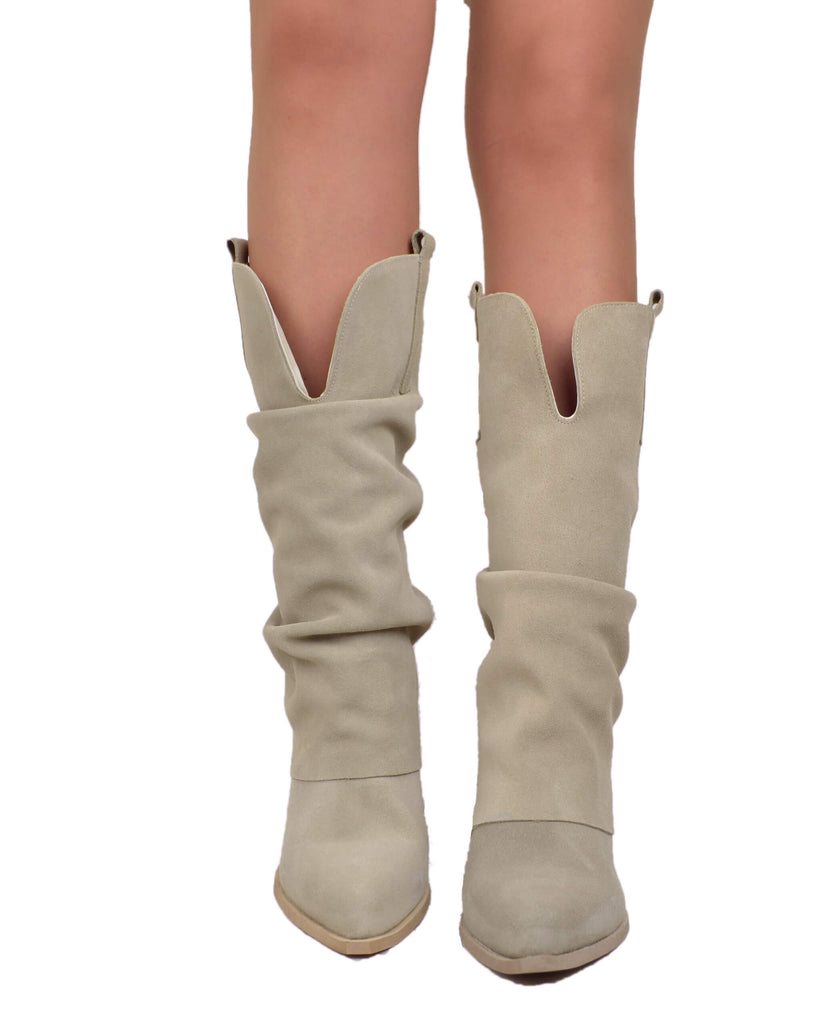 Wide Calf Suede Cowboy Boots with Soft Shaft – 7 cm Heel – Beige - 6