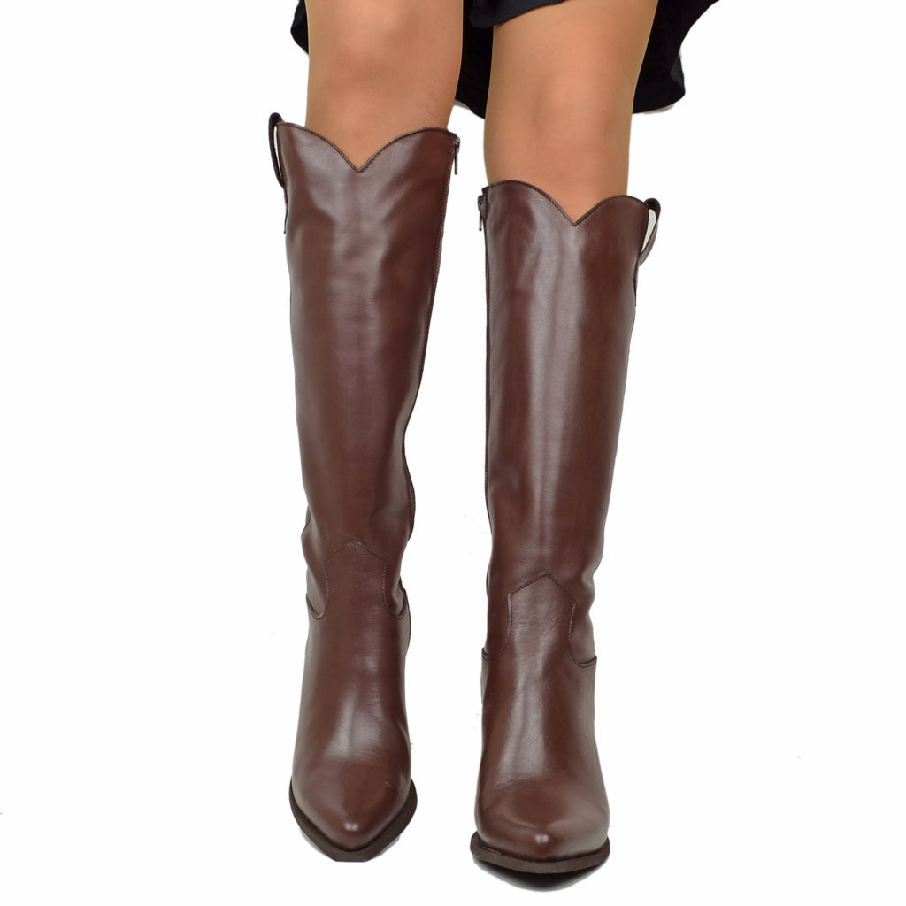 Elegant High Texan Boots with Zip Tight Shaft 8cm Heel Genuine Leather - 4
