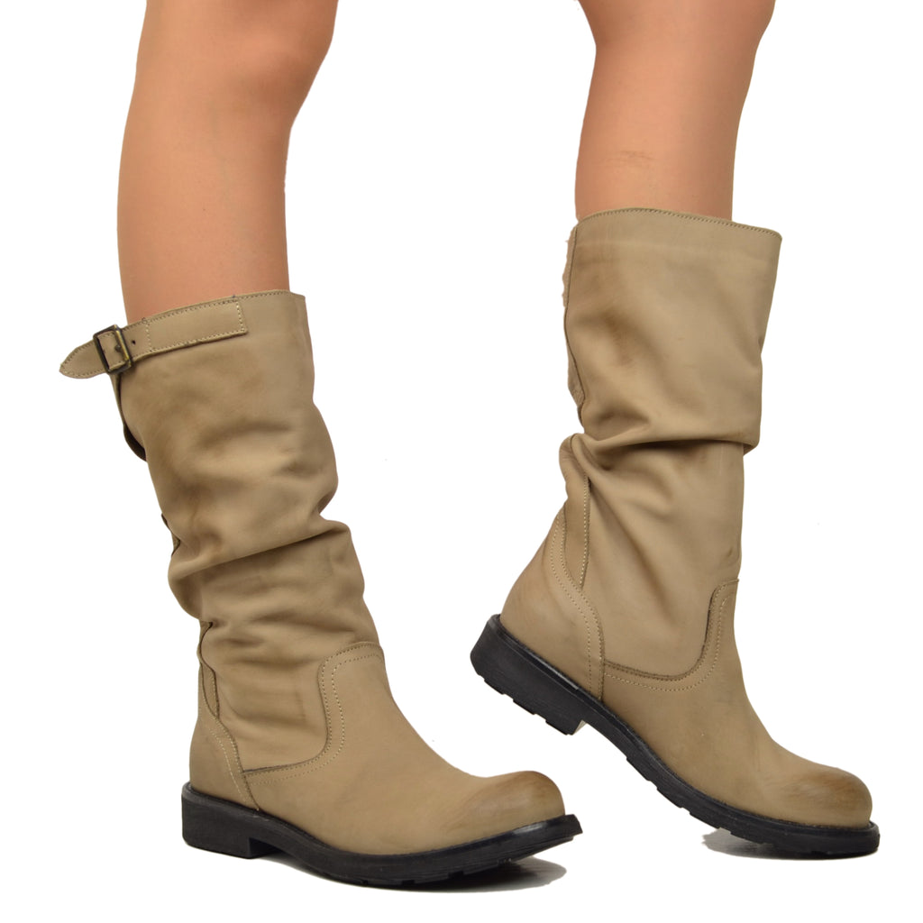 Stivali Biker Boots a Metà Polpaccio in Pelle Vintage Taupe - 4
