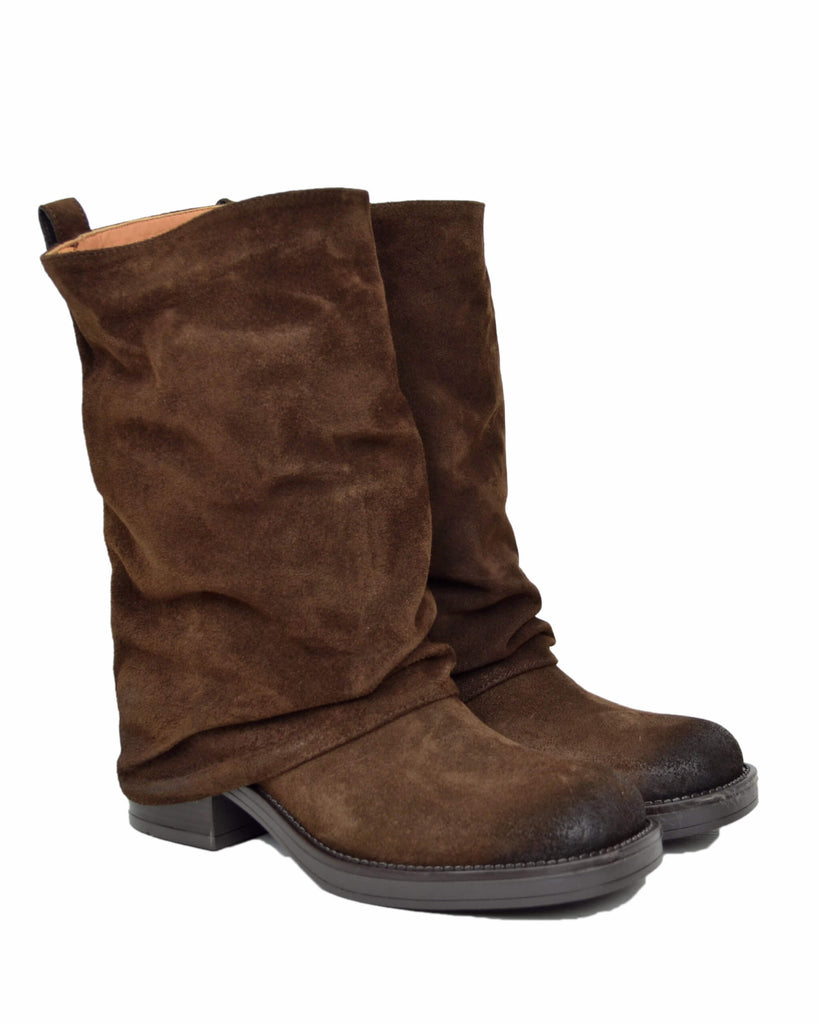 Biker con Ghetta Punta Quadrata Mid-High Pelle Scamosciata Testa di Moro - 6