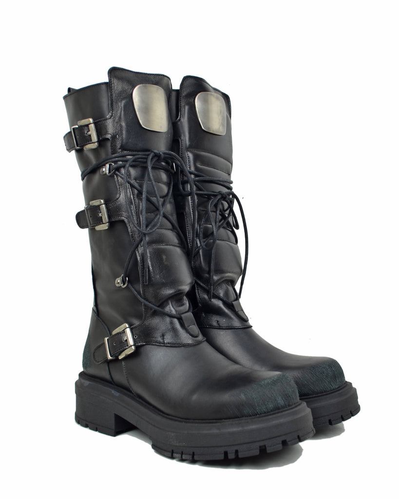 High Combat Boots Rock Platform with 4 Silver Buckles in Metallic Black Leather - 2
