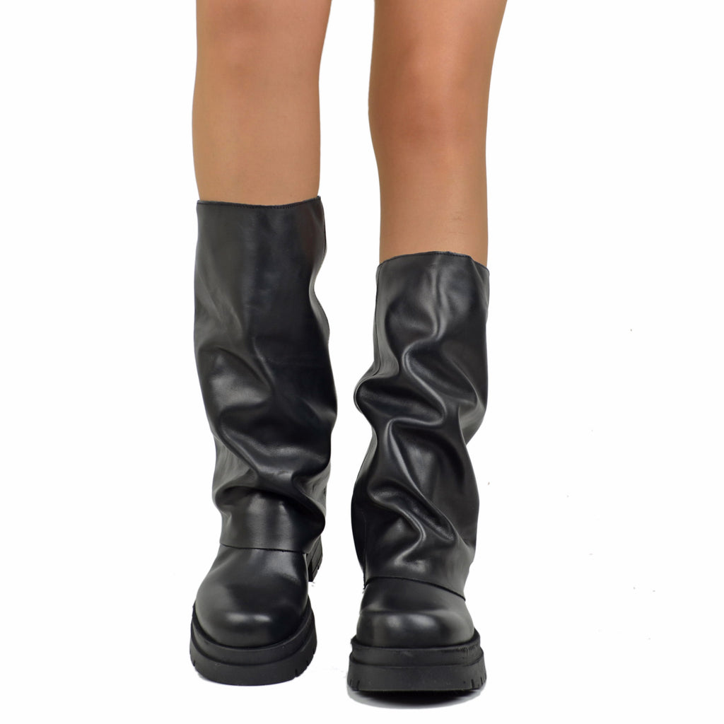 Biker Boots con Ghetta in Pelle Fondo Platform Pianta Larga - 4