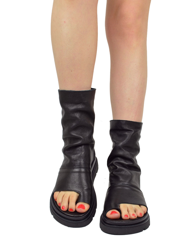 Sandali Platform a Stivaletto con Piede Spuntato Infradito Nappa Morbida Nera Zip Laterale - 4