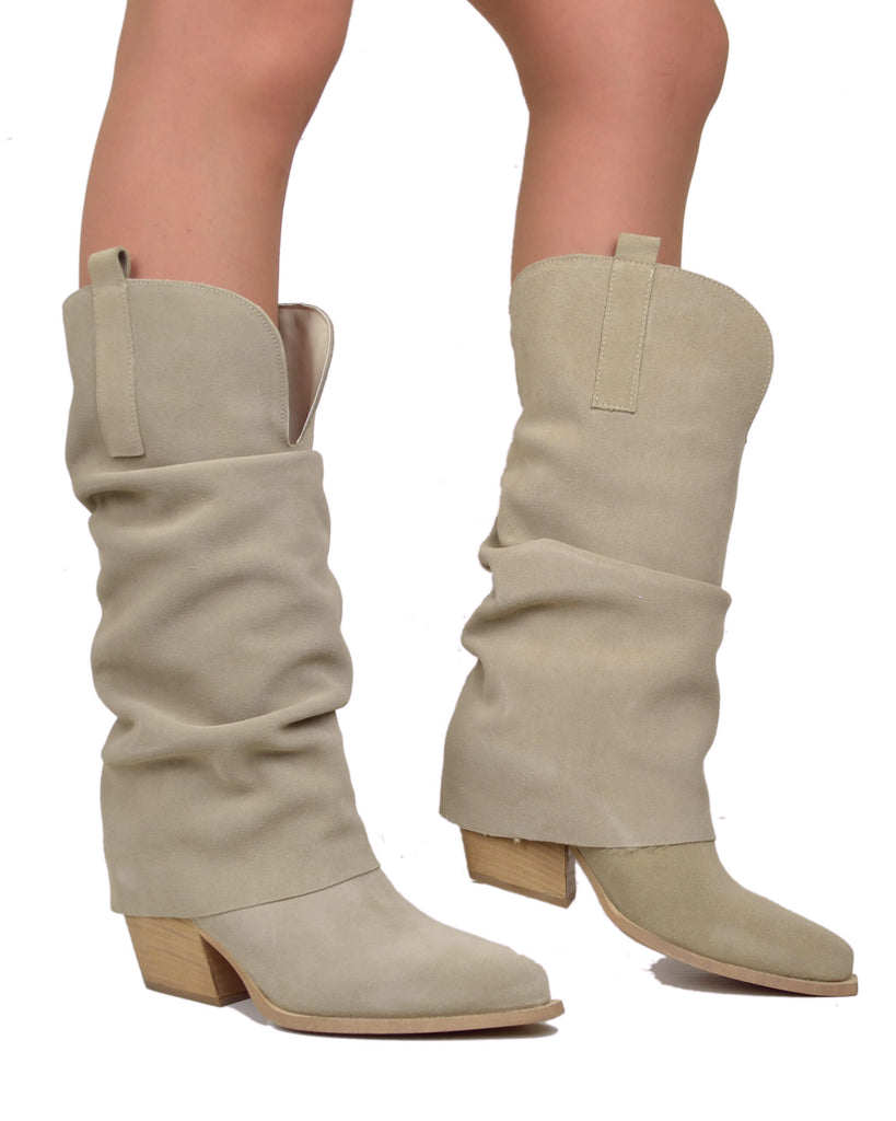 Wide Calf Suede Cowboy Boots with Soft Shaft – 7 cm Heel – Beige - 7