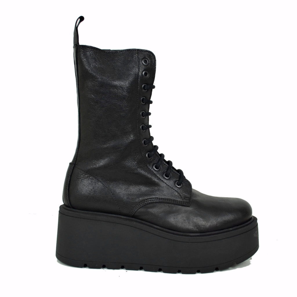 Hohe Plateaustiefeletten aus weichem Echtleder, Chunky Boots, Schwarz - 2