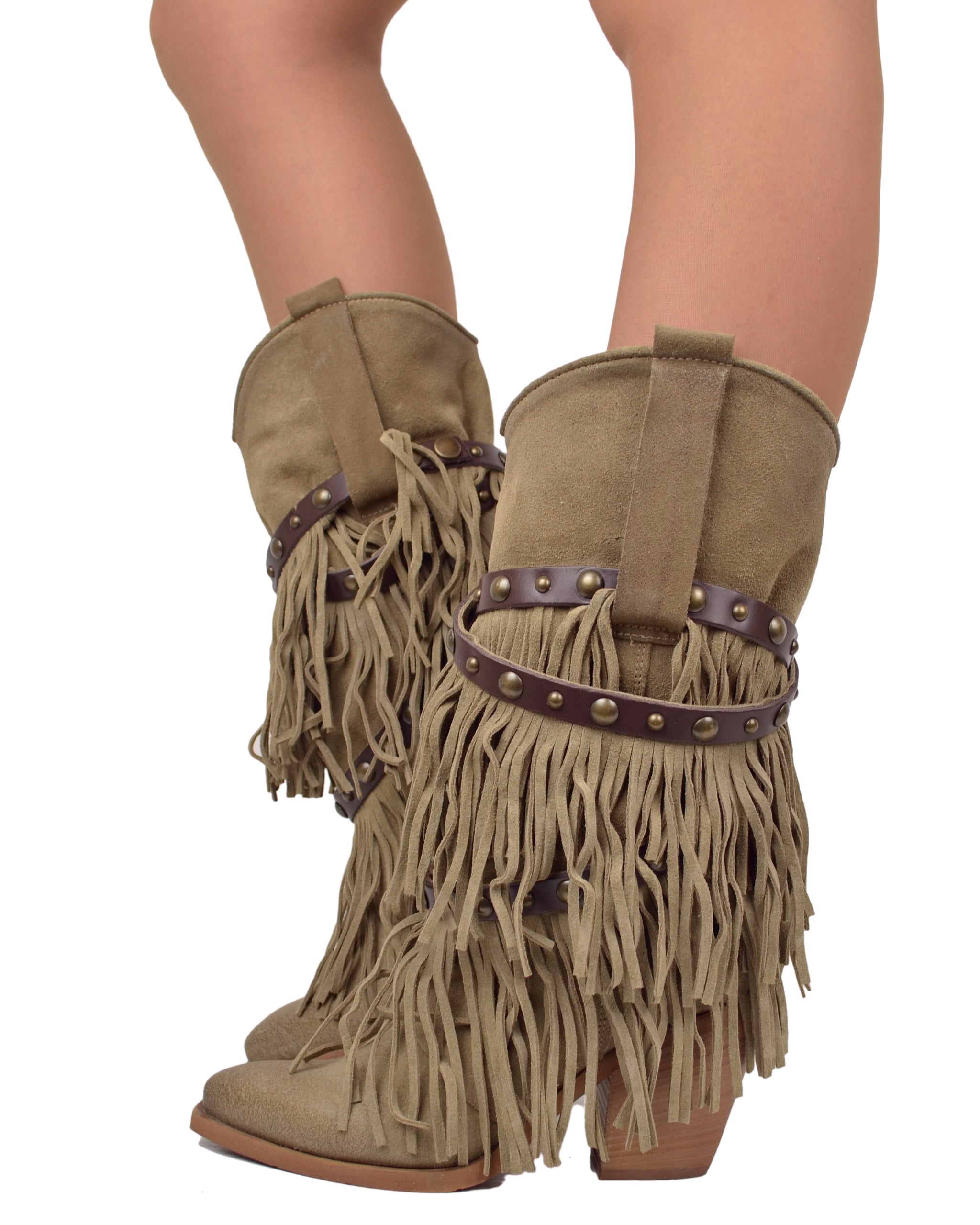 Stivali Texani con Frange Vera Pelle Scamosciata Wild Cowboyboots Taupe